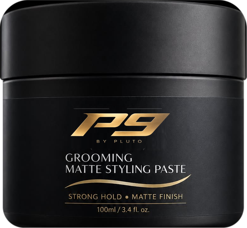 P9 by Pluto Matte Styling Paste — matte black 100ml jar with gold P9 by Pluto logo. Strong hold, matte finish.