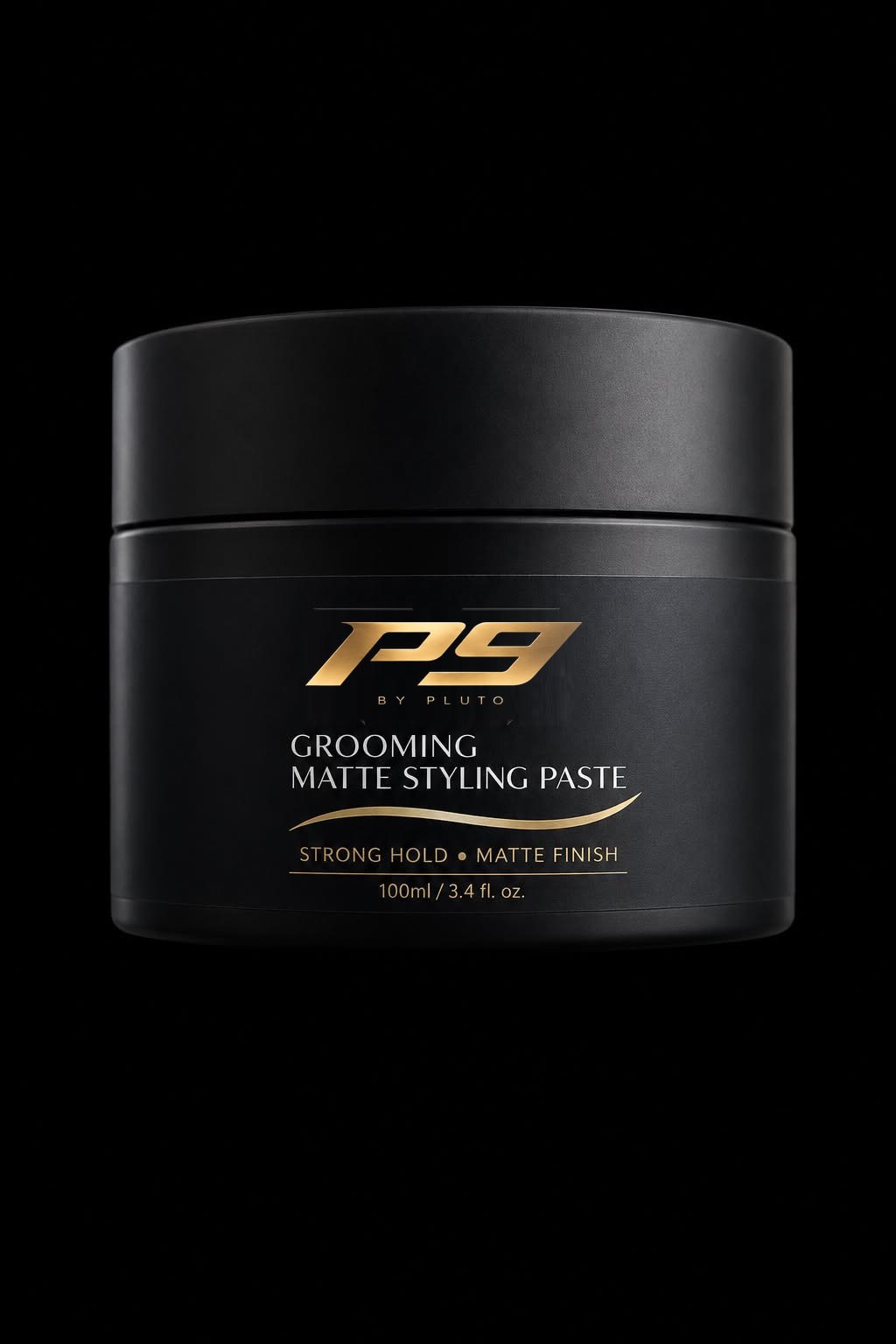 P9 by Pluto Matte Styling Paste — matte black 100ml jar with gold P9 by Pluto logo. Strong hold, matte finish.