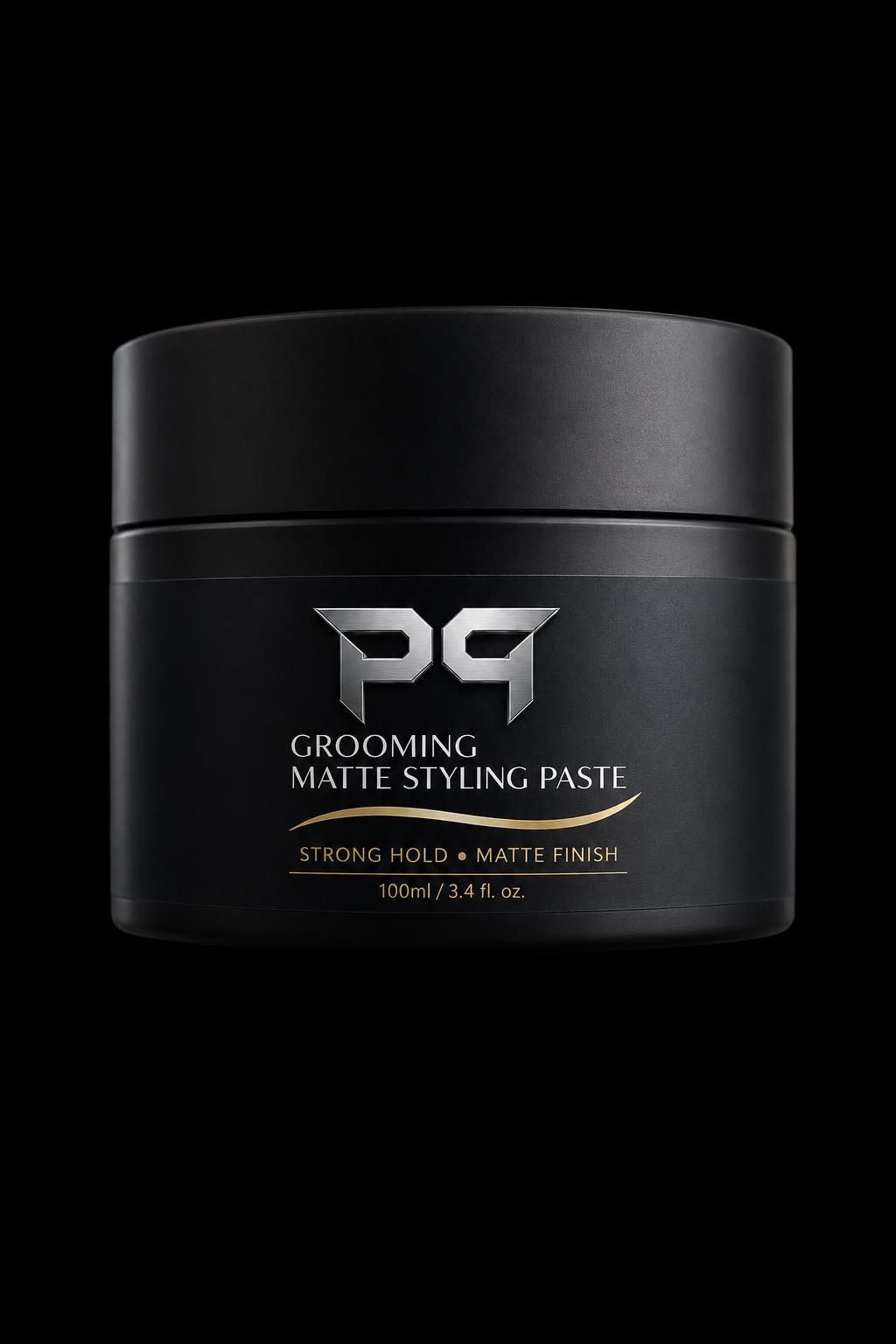 P9 Grooming Matte Styling Paste — matte black 100ml jar with metallic P9 emblem and gold detailing. Strong hold, matte finish.